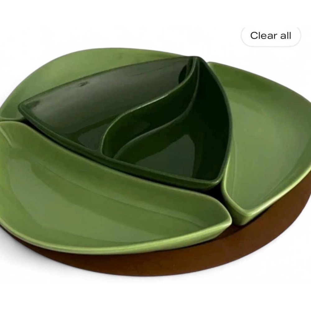 VTG 1950s Santa Anita Ceramic Green Serving Dishes on Lazy Susan.